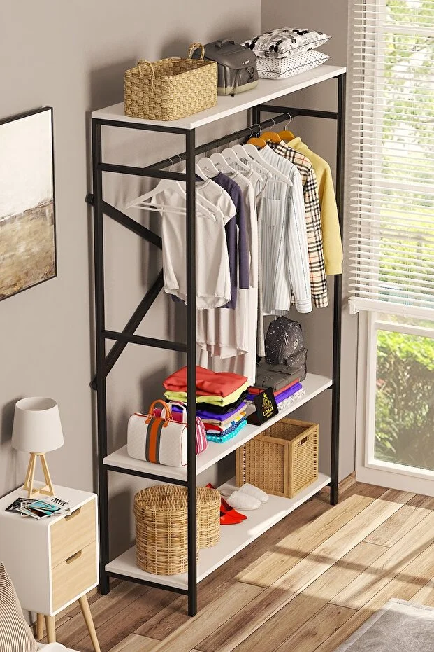 Metal Masif Ahşap Desenli Yonga Levha Açık Giyinme Dolap